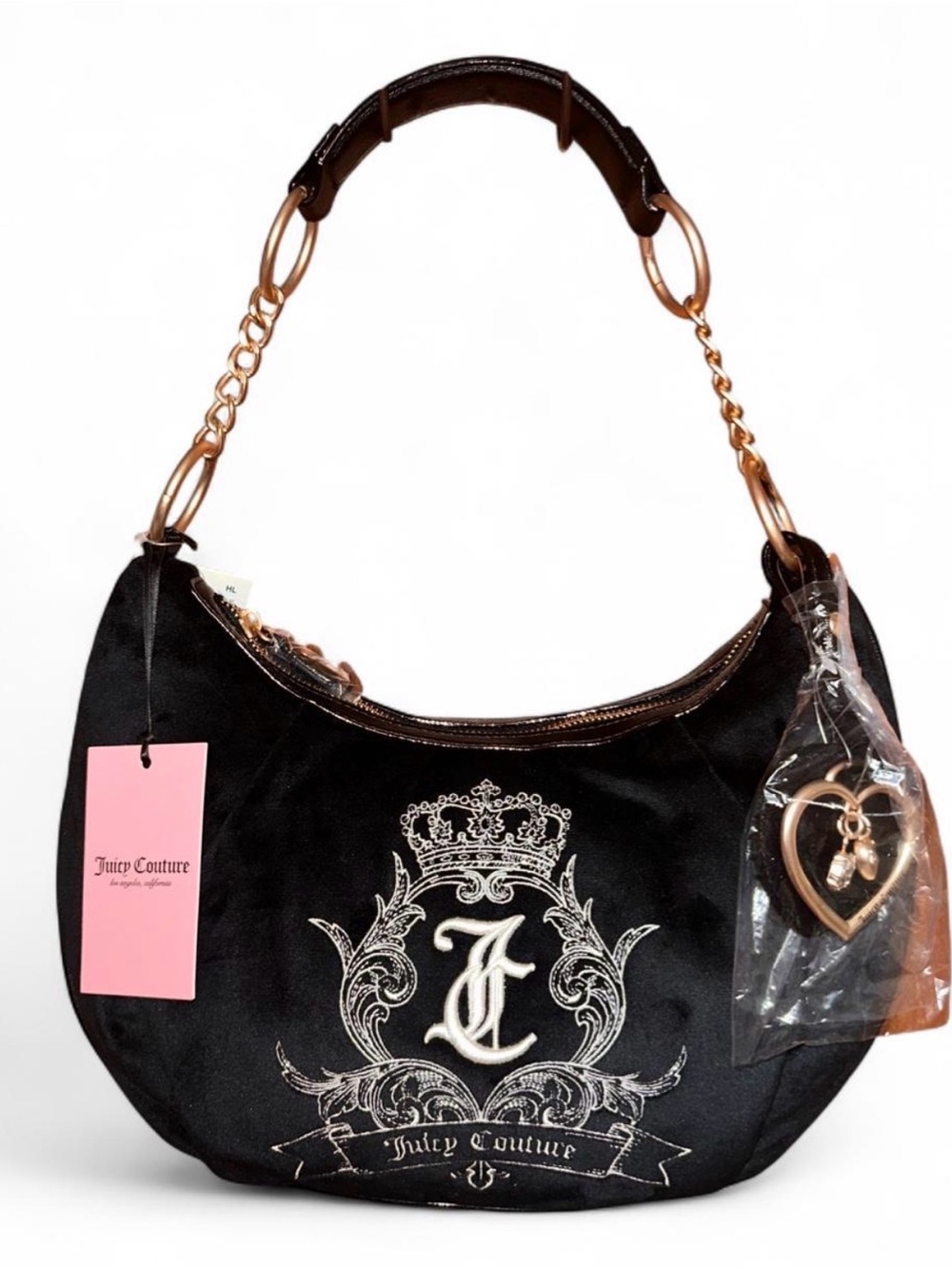 Juicy Couture Black Embroidered Hobo Bag with Gold Chain Accent